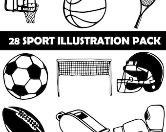 Sport Illustration Pack, Hand Drawn Illustrations, Black and White Doodles, Athletic Clipart for Basketball Birthday Party, Instant Download