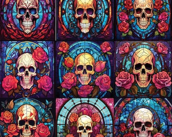 Könnte beinhalten: Neun farbenfrohe Glasmalerei-Tafeln mit Schädeln und Rosen. Jede Tafel zeigt einen Schädel in der Mitte, umgeben von einem kreisförmigen Design und Rosen in Rot-, Rosa- und Lilatönen. Die Hintergründe sind eine Mischung aus Blau, Lila und Gold.