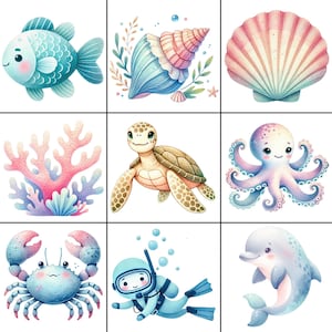 Under the Sea Clipart Bundle, Watercolor Sea Life PNG Bundle, Cute Watercolor Ocean Animals PNG, Instant Digital Download, Kids Nursery Art