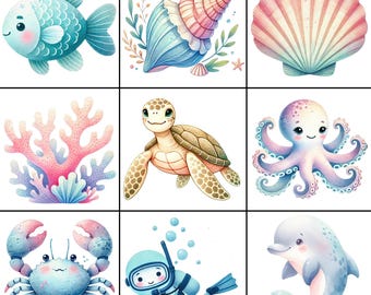 Unter dem Meer Clipart Bundle, Aquarell Meer Leben PNG Bundle, süße Aquarell Ozean Tiere PNG, sofortiger digitaler Download, Kinder Kinderzimmer Kunst