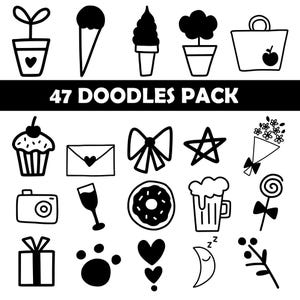 Hand Drawn Doodle Bundle Line Art PNG, Planner Doodles Clipart Hand Drawn Vector Elements, Random Doodle Clip Art Instant Digital Download