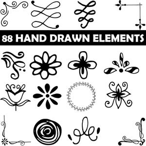 May include: A set of 88 hand-drawn black and white design elements. The elements include swirls, flowers, leaves, and borders.