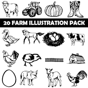 Farm Vector Png Clipart, Farm Elements, Hand Drawn Style, Instant Digital download, Farm Animal Sketches, Digital Logo Cottage, Png Files