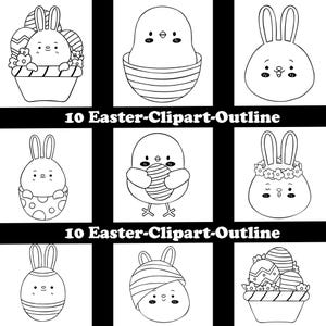 May include: A set of 10 black and white outline illustrations of Easter-themed characters. The illustrations include bunnies, chicks, and eggs. The illustrations are perfect for coloring pages, crafts, and other creative projects.