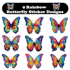 9 Rainbow Butterfly Sticker Designs, Rainbow Butterfly Clipart Digital Download, Card Making Scrapbook Junk Journal, Butterfly Sublimation