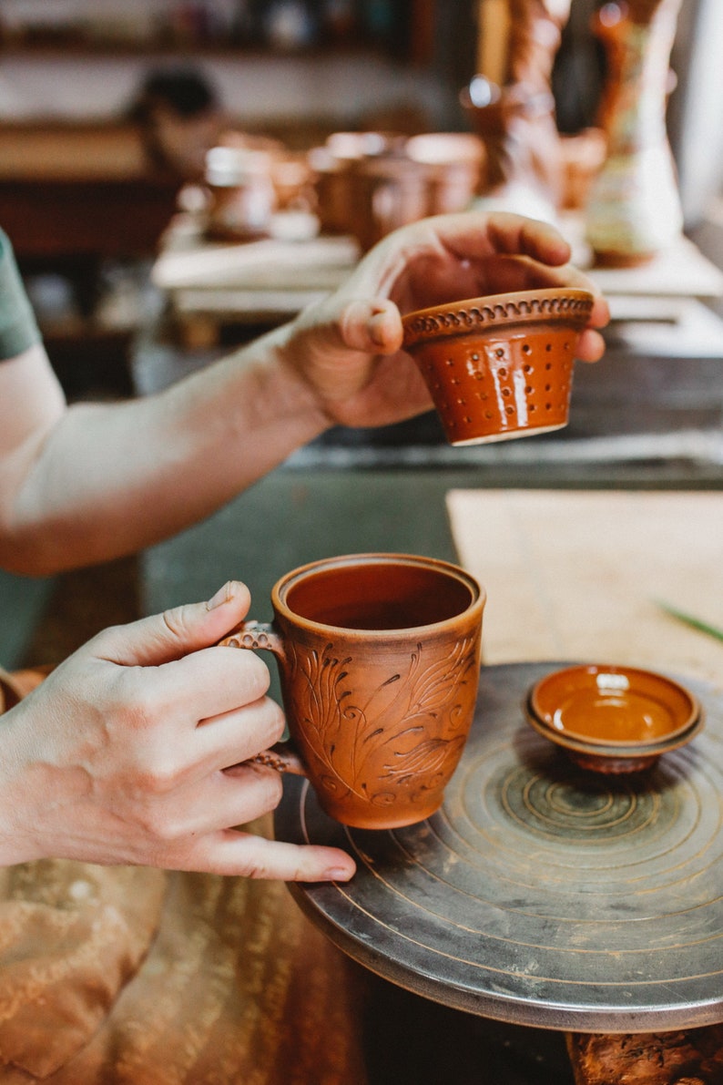 Handmade Ceramic Tea Mug, teapot Cup with infuser. Unique Gift for tealovers Folk, floral, eco Style. image 9