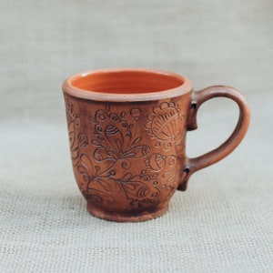 Ceramic Handmade Cup. Organic Eco Ceramic. Gift in folk, floral, rustic style. Transparent glaze safe for tea. image 4