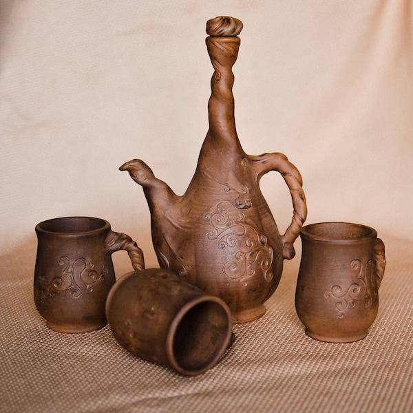 Ceramic Wine Set with Jug. Unique gift!  Handmade Ceramic Drinking set (1 Jug and 3 cups).