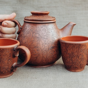 Handmade ceramic Tea Set, one teapot with infuser and two cups. Unique gift for a tea lover!