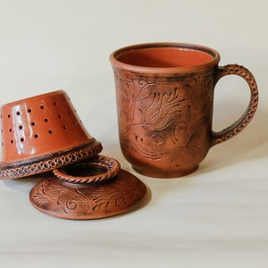 Handmade Ceramic Tea Mug, teapot Cup with infuser. Unique Gift for tealovers Folk, floral, eco Style. image 2