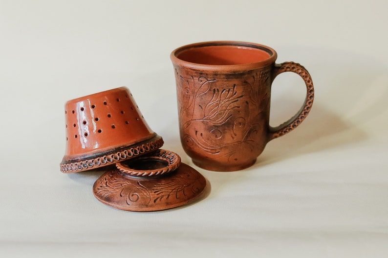 Handmade Ceramic Tea Mug, teapot Cup with infuser. Unique Gift for tealovers Folk, floral, eco Style. image 2