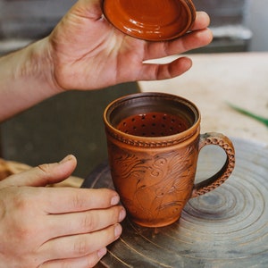 Handmade Ceramic Tea Mug, teapot Cup with infuser. Unique Gift for tealovers Folk, floral, eco Style. image 7