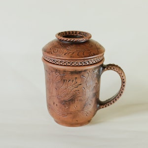 Handmade Ceramic Tea Mug, teapot Cup with infuser. Unique Gift for tealovers Folk, floral, eco Style. image 1