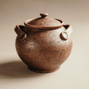 Pode incluir: Um pote de cerâmica marrom com tampa e duas alças. O pote apresenta um intrincado padrão floral esculpido em sua superfície. A tampa tem um pequeno botão. O pote é provavelmente usado para cozinhar ou armazenar.
