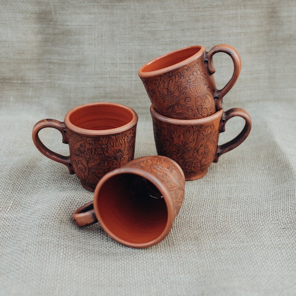 Ceramic Handmade Cup. Organic Eco Ceramic. Gift in folk, floral, rustic style. Transparent glaze safe for tea.