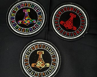 Iron On Mjolnir Patch with Elder Futhark Runes * Thor's Hammer