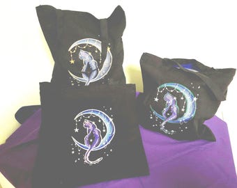 Celestial Cat with Moon and Stars * Cotton Canvas Tote Bag