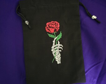 Embroidered Skeleton Rose in Hand Tarot/Rune Bag