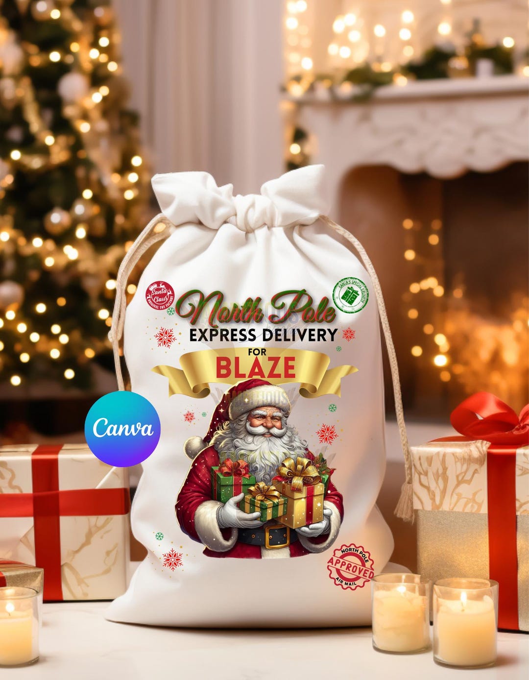Santa Sack Template Canva Edit Png Santa Claus Totes North Pole