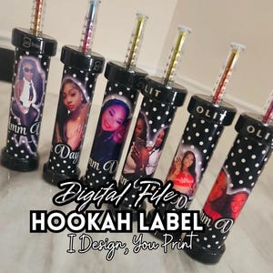 May include: A collection of six black hookah labels with white polka dots, each featuring a different image of a person. The labels have the text "Digital File HOOKAH LABEL I Design, You Print."