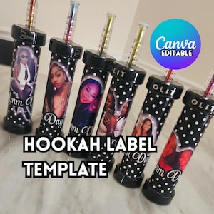 May include: Black and white polka dot hookah label template with photos of women. The text "HOOKAH LABEL TEMPLATE" is displayed in bold, black letters. The word "OLIT" is printed on the top of some of the hookahs.