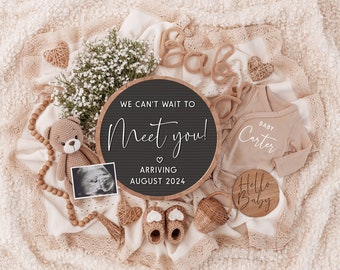 May include: A black chalkboard sign with the text "We can't wait to meet you! Arriving August 2024" surrounded by baby items including a crocheted teddy bear, a baby onesie, a wooden sign that says "Hello Baby", and a pair of baby shoes.