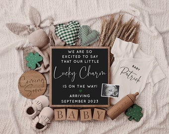 St Patrick's Day Digital Pregnancy Announcement, Neutral, Social Media, Boy or Girl, Lucky Charm