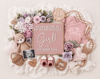 May include: Pink and white gender reveal announcement with a letter board that says "We are excited to say we are having a girl!" and the date "November 2024". There is a pink baby onesie with the text "Baby Carter" on it, a wooden sign that says "Oh Baby!" and a crocheted teddy bear.