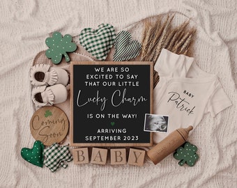 St Patrick's Day Digital Pregnancy Announcement, Neutral, Social Media, Boy or Girl, Lucky Charm