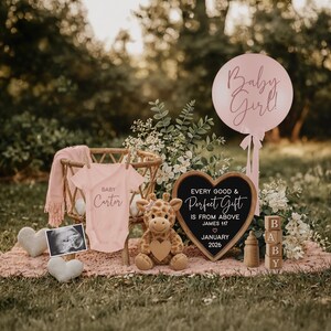 May include: A pink baby announcement scene with a crib, onesie, and stuffed giraffe. A heart-shaped chalkboard reads "Every Good & Perfect Gift." A pink balloon says "Baby Girl!" and wooden blocks spell "BABY."