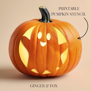 May include: An orange pumpkin with a carved ghost design illuminated from within. The text PRINTABLE PUMPKIN STENCIL is visible with an arrow pointing to the pumpkin, and the text GINGER & FOX is printed at the bottom of the image.