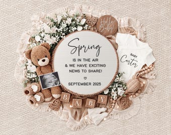 May include: A pregnancy announcement featuring a teddy bear, baby booties, and a letter board with the text "Spring is in the air & we have exciting news to share!" and "September 2025." A white onesie with "Baby Carter" is also included.