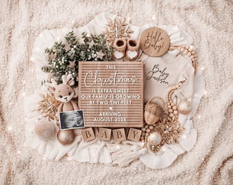 May include: A wooden sign with the text "This Christmas is extra sweet our family is growing by two tiny feet arriving August 2025" with a baby ultrasound image, a knitted reindeer toy, and a baby onesie with the text "Baby Jackson".
