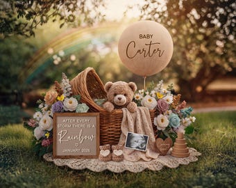 May include: A baby announcement featuring a brown balloon inscribed with "Baby Carter" and a sign reading "After every storm there is a rainbow" with a heart and the date "January 2026". A wicker basket holds a teddy bear, a blanket, and a sonogram photo. Flowers and a wooden stacking ring toy complete the scene.