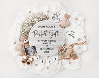 Può includere: Una lavagna di lettere bianca con il testo "Every good & Perfect Gift is from above James 1:17 September 2025" circondata da articoli per bambini tra cui un orsacchiotto, un body, una croce di legno e un sonaglio.