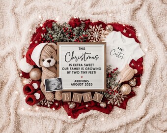 May include: A Christmas-themed baby announcement with a teddy bear wearing a Santa hat, a letter board that reads "This Christmas is extra sweet our family is growing by two tiny feet! Arriving August 2025", a baby onesie that says "Baby Carter", and a set of wooden blocks that spell out "Baby".