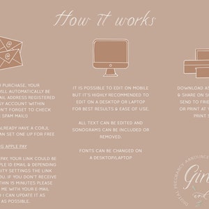 May include: A beige graphic with text and illustrations detailing how to edit and download digital pregnancy announcements. Includes icons of envelopes, a computer, and mobile devices. The text explains the process and options.