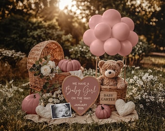 Anuncio de embarazo de niña en otoño: Osito bohemio, plantilla editable (descarga digital)