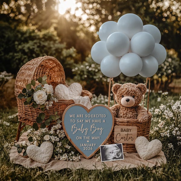 Anuncio de embarazo de niño: Osito de peluche y arco de globos (plantilla digital)
