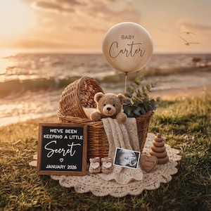 Beach Theme Digital Pregnancy Announcement: Editable Social Media Template