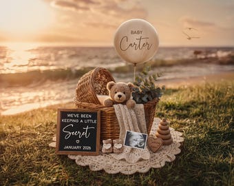 Beach Theme Digital Pregnancy Announcement: Editable Social Media Template