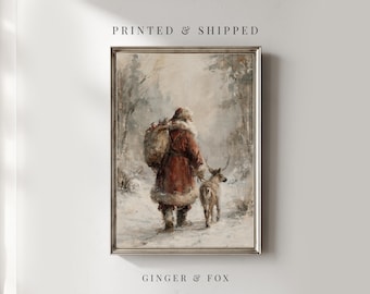 Santa Walking in the Snow with Reindeer - Christmas / Winter Wall Decor Physical Art Print