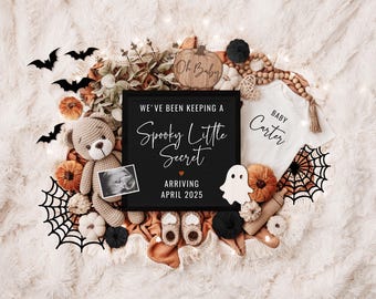 May include: A black framed sign with the text "We've been keeping a spooky little secret. Arriving April 2025."  Surrounding the sign are Halloween decorations, including a teddy bear, a ghost, a spiderweb, and a baby onesie that says "Baby Carter".