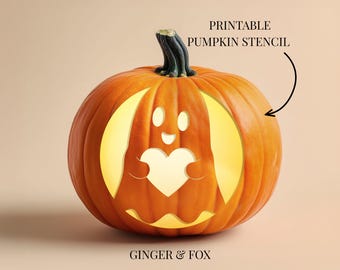 Cute Ghost Holding a Heart Pumpkin Carving Stencil, Easy Halloween Design (Digital Download)