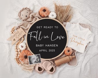 Fall Digital Pregnancy Announcement, Neutral, Social Media, Facebook, Instagram, With Sonogram, Autumn