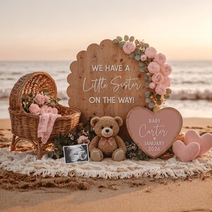 May include: A beach scene with a wicker baby carriage, a teddy bear, and a wooden sign that reads "WE HAVE A Little Sister ON THE WAY!". A pink heart-shaped sign says "Baby Carter January 2026". Pink roses and two heart-shaped pillows complete the scene.