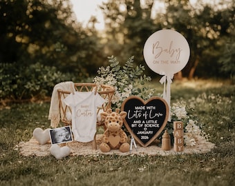May include: A baby announcement scene with a white onesie that says "Baby Carter" hanging in a wooden cradle. A plush giraffe, ultrasound photo, and heart-shaped sign that says "Made with Lots of Love" are also present. A balloon reads "Baby on the way!"