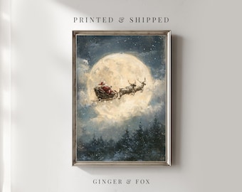 Santas Sleigh Flying infront of the Moon - A4 Print - Christmas / Winter Wall Decor Physical Art Print