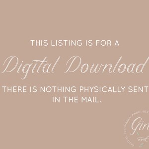K&ouml;nnte beinhalten: Ein beiger Hintergrund mit wei&szlig;em Text, der "THIS LISTING IS FOR A Digital Download THERE IS NOTHING PHYSICALLY SENT IN THE MAIL." lautet.  Ein Logo f&uuml;r "Ginger and Fox Pregnancy Announcements" befindet sich in der unteren rechten Ecke.
