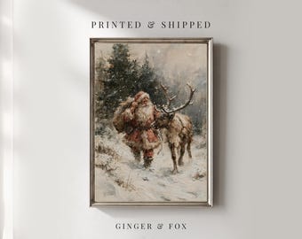 Santa Walking in the Snow with Reindeer - A4 Print - Christmas / Winter Wall Decor Physical Art Print